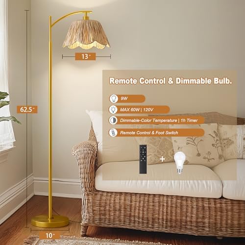 Oneach Boho Floor Lamp with 3 Color Temperatures, Farmhouse Floor Lamps for Living Room with Remote & Dimmable Bulb, Rattan Floor Lamp for Bedroom, Gold - Image 3