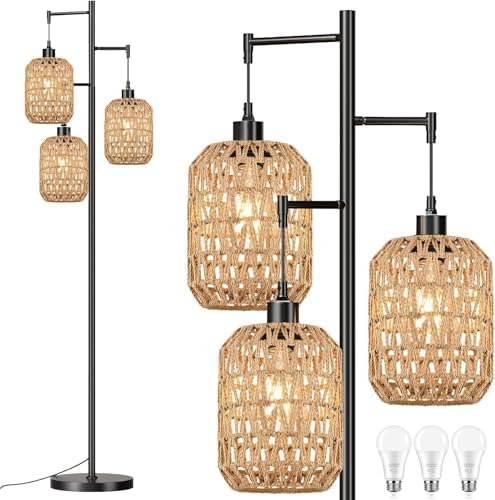 QIYIZM Floor Lamp for Living Room,Bedroom,Boho Rattan Tree 3 Lights Farmhouse Floor Lights,Industrial Black Standing Lamp Wicker Rustic Tall Lamp,Woven Bamboo LampShade Floor Lamps Bohemian by QIYIZM