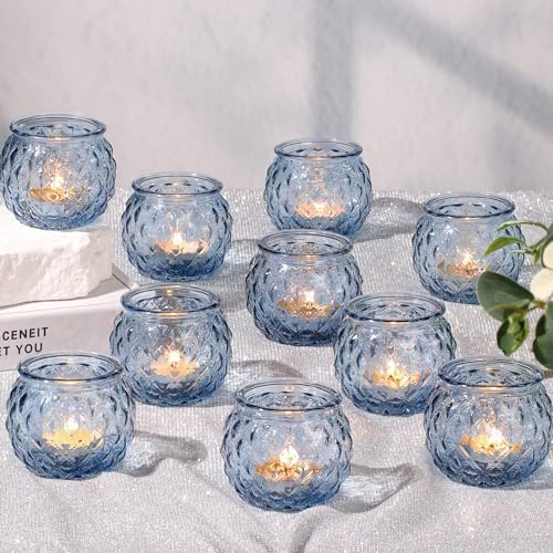 DARJEN 24 Pcs Blue Votive Candle Holders Round Glass Candle Holders Bulk by DARJEN