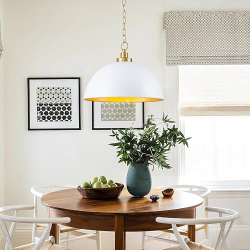 Lingkai Farmhouse Pendant Light Fixtures, 15.7" White and Gold Dome Pendant Lighting Kitchen Island, Adjustable Height Vintage Hanging Ceiling Lights for Kitchen Island Dining Room Foyer Restaurant - Image 5