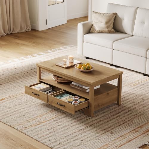 LINSY HOME Farmhouse Coffee Table with Storage, Wood Coffee Table for Living Room, Open Display Area and Storage Drawers with Metal Handles, Chic Style with Curved Base, Natural Oak - Image 2
