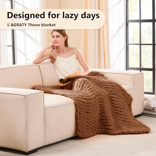 L'AGRATY Chunky Knit Throw Blanket for Couch, 40'' x 50'' Knit Throw, Brown - Image 2