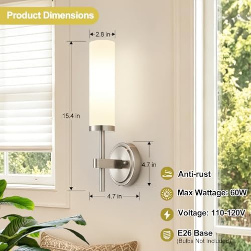 [Hardwired] Wall Sconces Set of Two, Brushed Nickel Bathroom Sconces with Milky White Glass, Modern Wall Light Fixtures for Bathroom Mirror Vanity, Living Room, Hallway, Stairway, Cabinet, Foyer - Image 7