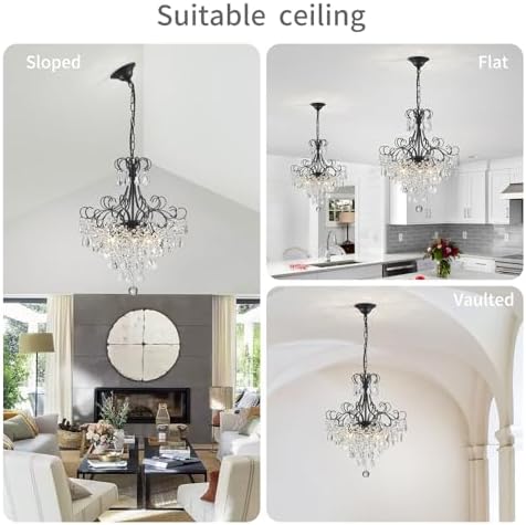 WUZUPS Crystal Chandelier 5-Light Pendant Ceiling Light Modern Lighting Fixture for Dining Room Hallway Bedroom Kitchen Bathroom, H 22.4" x W 18.3", E12 Base, Black - Image 6