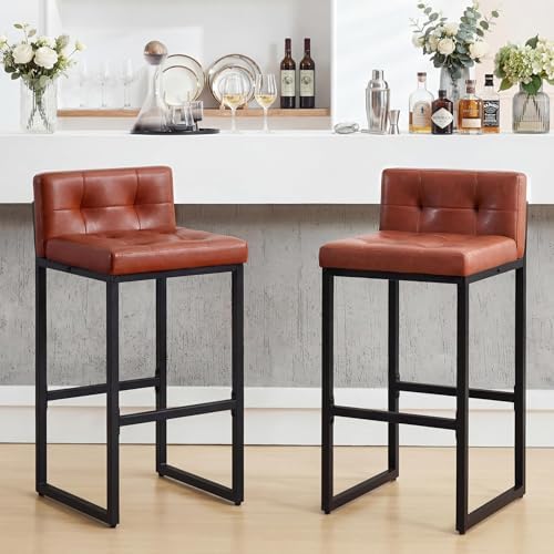 Bar Stools Set of 2, Counter Height Bar Stools Sets with Back, Faux Leather Barstools with Metal Legs and Footrest, Upholstered Bar Chairs for Dining, Kitchen Island, Home Counter, Brown by Unknown