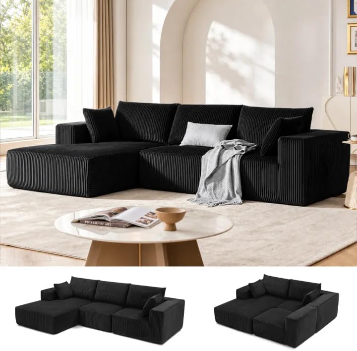 108" Boneless Couch with Chaise, Cloud Sectional Modular Sofa, Black by Weture