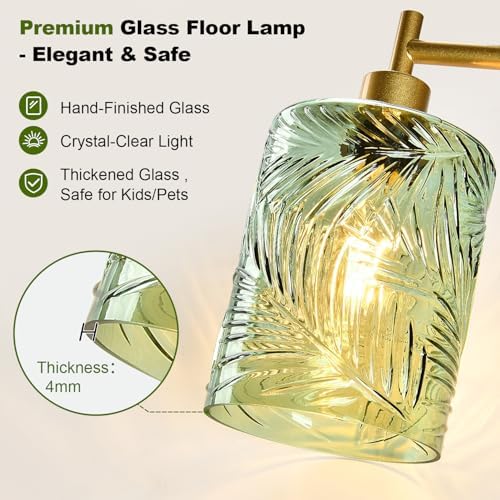 【Upgraded】 Dimmable Floor Lamp for Living Room with Green Feather Glass Lampshade, Gold Modern Floor Lamp with 900LM LED Bulb Included, Arc Standing Tall Lamp for Bedroom, Office, Reading Room, Corner - Image 3