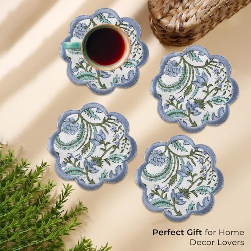 Ridhi 8-Pcs 100% Cotton Hand Block Print Drink Coasters 5" in Columbia Blue - Image 5