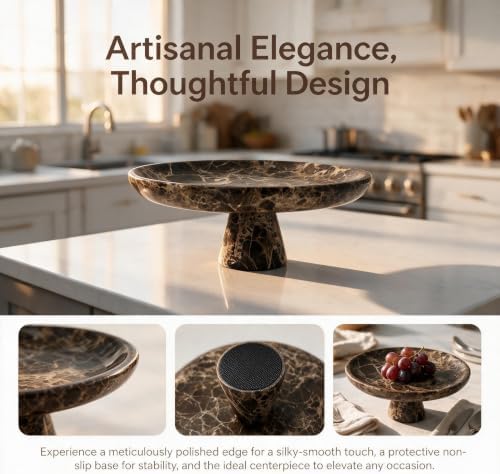100% Natural Marble Fruit Bowl with Pedestal, Brown - Image 3