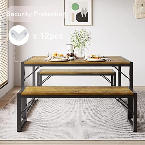 Gizoon 45.5" Dining Table Set for 4, Kitchen Table with 2 Benches Retro - Image 3