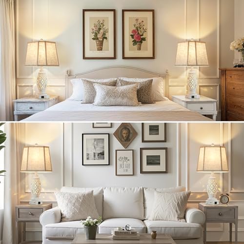 Lamps for Night Stands Set of 2-23.5" Bedside Lamp with USB A+C and Nightlight - Rustic Farmhouse Table Lamp for Bedrooms, End Tables, Living Room - French Country Decor, Bulbs Included, Cream - Image 3
