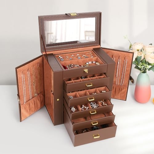 Kendal Extra Large Jewelry Box Jewelry Case PU Leather 6 Tier 5 Drawers Large Storage Capacity with Mirror Jewelry Storage Organizer Great Gift Also Good For Watches LJC-SHD5BN (Brown) - Image 4