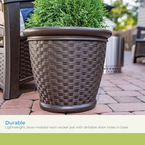 Suncast Sonora 22 Inch Plastic Wicker Indoor or Outdoor Decorative Garden Flower Planter for Entryways, Porch, and Backyard Patios, Dark Brown - Image 4