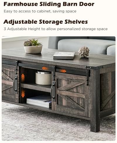 OKD 48" Farmhouse Lift Top Coffee Table, Sliding Barn Door, Dark Rustic Oak - Image 6