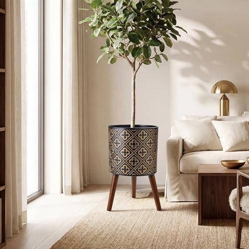 nacltlo12 Inch Plant with Stand Planter for Indoor Plants Large Modern Mid-Century Plant Pots Indoor Outdoor with Drainage for Home Garden Patio,Black and Gold - Image 4
