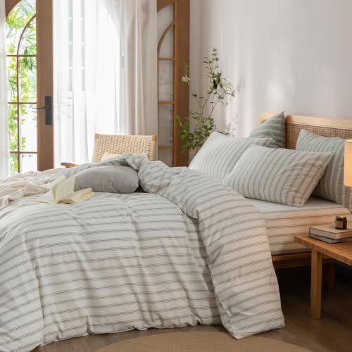 BESTOUCH Striped Cotton Duvet Cover Set Linen Feel Oversized Queen - Image 4