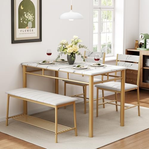IRONCK Dining Table Set for 4, Kitchen Table and Chairs Set, White & Gold - Image 4