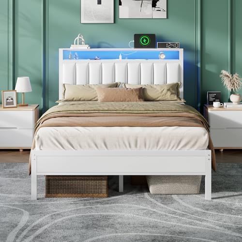 Furnulem White Full Size Bed Frame with Charging Station & LED Lights by Furnulem