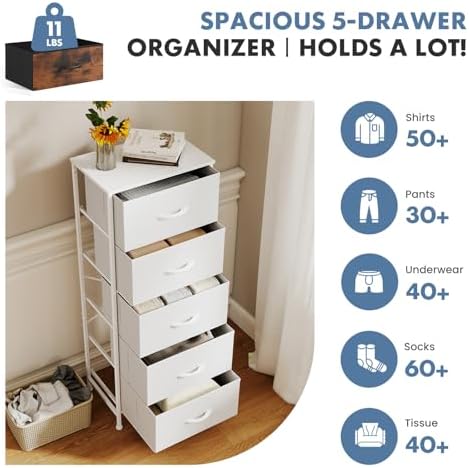 DUMOS Nightstand with 5 Drawers Bedside Table with Removable Fabric Bins Sturdy Steel Frame Wood Top Organizer Furniture for Bedroom Closet Living Room, White - Image 4