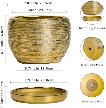 SQOWL Ceramic Planter for Indoor Plants - 10 Inch Plant Pot with Drainage Hole and Saucer, Modern Round Planter Outdoor, Large Decorative Flower Pot, Apartment Decor, Birthday Gifts, Gold - Image 3