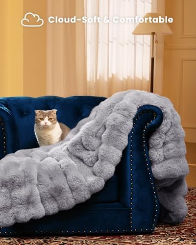 Ultra Soft Cozy Faux Fur Throw Blanket, Fuzzy Plush Thick Bubble Blanket, Oversize Luxury Fluffy Blanket for Couch, Bed, and Living Room, 60x80 Inches, Light Grey - Image 5