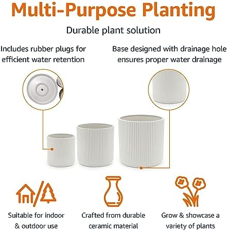 Amazon Basics Fluted Ceramic Planters for Indoor Outdoor Plants, Round Flower Pots with Drainage Hole, Set of 3, 6 inch, 8 inch, 10 inch, White - Image 2