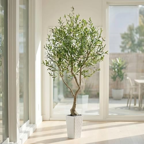 Olive Trees Artificial Indoor, 7FT Fake Plant in White Tall Planter - Image 2
