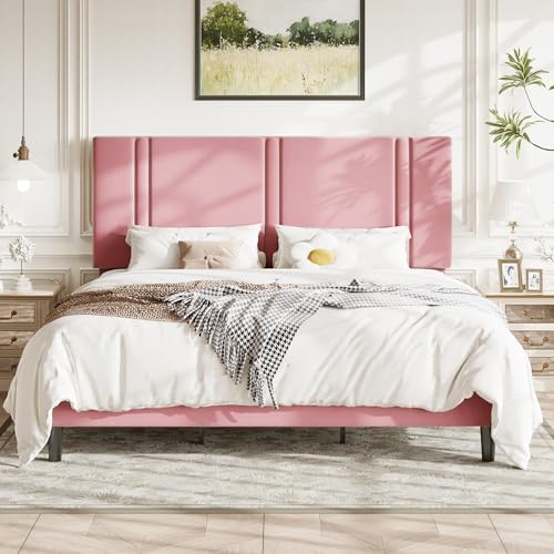 Allewie King Size Platform Bed Frame with Velvet Upholstered Headboard by Allewie