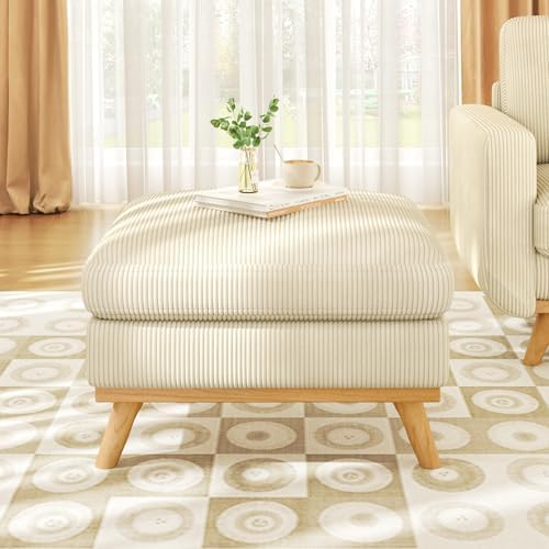 Vesgantti Large Ottoman for Modular Sofa, 29.5" Corduroy Pouf Ottoman with Spring Cushion, Rectangle Foot Rest for Couch, Entrance Footstool with Wood Legs, Footstool for Living Room, Bedroom, Beige by Vesgantti