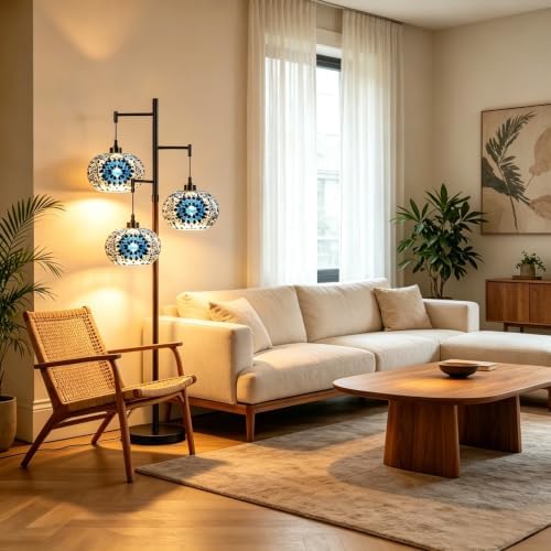 QIYIZM Turkish Floor Lamp for Living Room,Bedroom,Moroccan Mosaic Standing Lamp Stained Glass Lamps Black Mid Century Tall Lamps Unique Tree 3 Light Vintage Retro Wood Floor Lights Boho Tiffany Style - Image 6