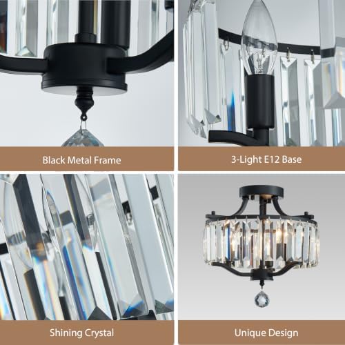 Crystal Black Chandeliers Modern Farmhouse Small Chandelier 12.2 Inch 3-Light Round Crystal Mini Semi Flush Mount Ceiling Light Fixture for Dining Room Entryway Hallway Kitchen Bedroom Foyer - Image 4