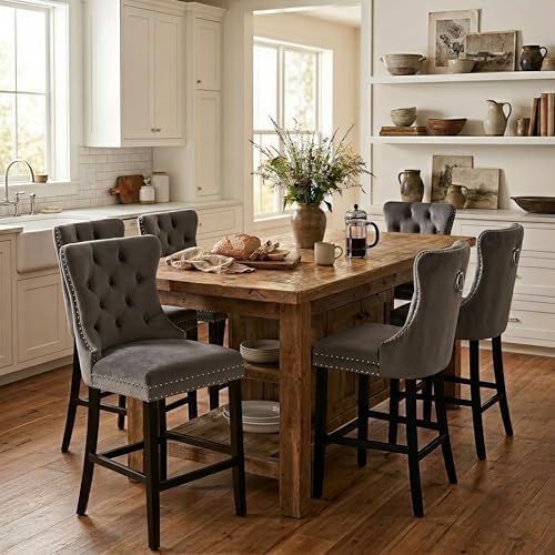 SoarFlash Modern Velvet Upholstered Bar Stools Set of 6 with Wood Legs, Button Tufted,Chrome Nailhead, Counterstool Seat, Armless Bar Chairs (Gray) by SoarFlash
