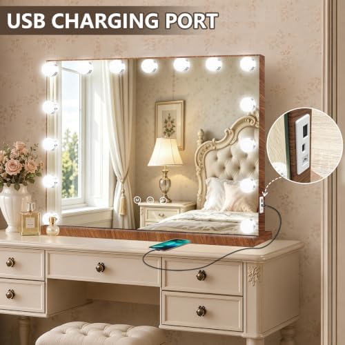 Ratsamee Wood Grain Hollywood Vanity Mirror with Lights, 15 Dimmable Bulbs, 3 Color Lights,Make Up Lighted Mirror, Aluminum Metal Frame, USB Charging Port（23" x 18"） - Image 6