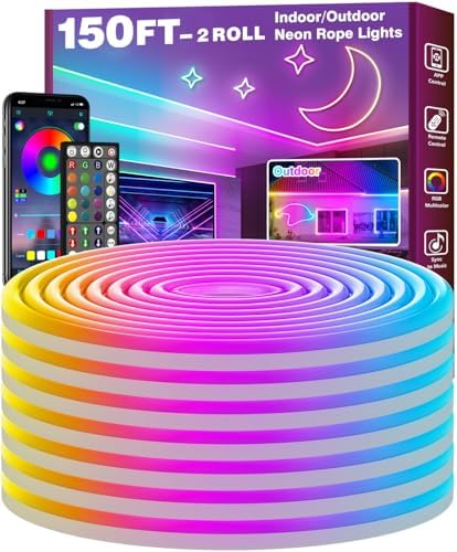 FBZ 150Ft Led Rope Lights, Flexible Neon Lights Control with App/Remote, Multiple Modes, IP65 Outdoor RGB Waterproof, Music Sync Gaming Light Strip for Bedroom Decor by Unknown
