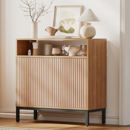 Mericonia 30 Inch Fluted Buffet Cabinet with Open Storage, Modern Sideboard with Doors & Adjustable Shelf, Accent Credenza Coffee Bar for Kitchen, Dining Room, Living Room, Entryway - Image 3