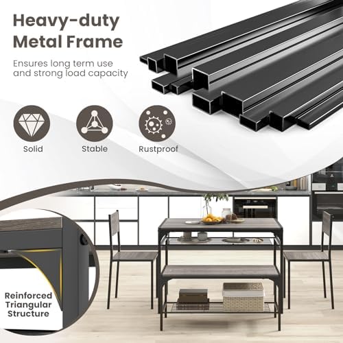 GIANTEX Dining Table Set for 4, Kitchen Table with Chairs & Bench, Storage Racks, Metal Frame, 4-Piece Space-Saving Dinette Set for Dining Room, Breakfast Nook, Small Space, Apartment, Grey - Image 5