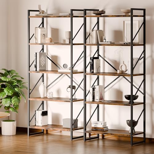Shintenchi 5 Tiers Bookshelf, Classically Tall Bookcase Shelf, Industrial Book Rack, Modern Book Holder in Bedroom/Living Room/Home/Office, Storage Rack Shelves for Books/Movies-Rustic Brown - Image 5