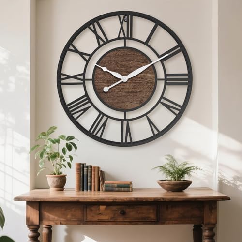 16 Inch Black Roman Numerals Large Wall Clock with Walnut Dial - Image 3