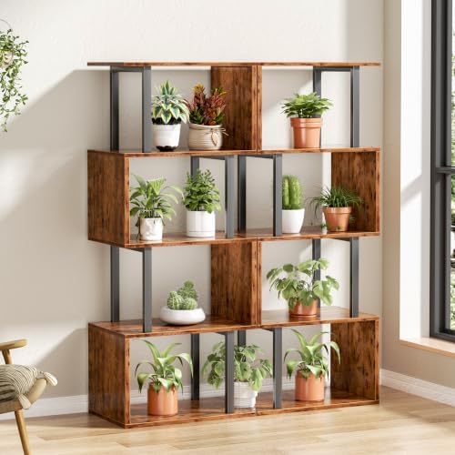 Furologee 5 Tier Bookshelf, S Shaped Geometric Bookcase, Rustic Brown - Image 6