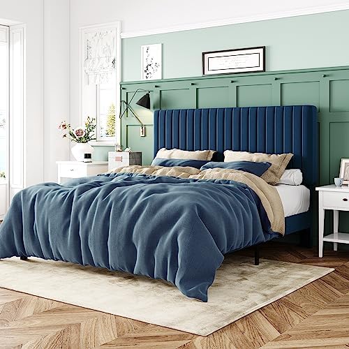 Allewie Queen Bed Frame, Velvet Upholstered Platform Bed with Adjustable Vertical Channel Tufted Headboard, Mattress Foundation with Strong Wooden Slats, Box Spring Optional, Easy Assembly, Navy Blue by Allewie
