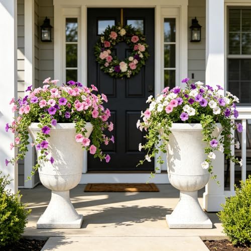 Autodaya 22" Large Urn Outdoor Planters Set of 2, White Terrazzo Plant Pots - Image 5