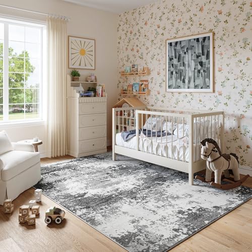 Washable Rug 5x7 Area Rugs for Living Room Bedroom Carpet, Grey Indoor Vintage Abstract Boho Large Rug Non Slip Faux Wool Rugs for Dorm, Dining Room Table, Nursery, Kids Playroom, Gray - Image 4