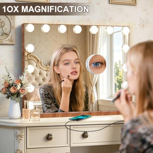 Ratsamee Wood Grain Hollywood Vanity Mirror with Lights, 15 Dimmable Bulbs, 3 Color Lights,Make Up Lighted Mirror, Aluminum Metal Frame, USB Charging Port（23" x 18"） - Image 5