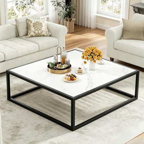 31.5" Square Coffee Table, Mid-Century Modern White Center Table for Living Room, Floor Table for Sitting on The Floor, Wood Cocktail Tea Contemporary Tables with Metal Frame for Office Apartment Home by FURMORENE