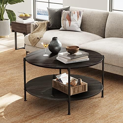 WLIVE Round Coffee Table for Living Room, 32.6" Small Coffee Table with Open Storage Shelf, 2-Tier Industrial Circle Wood Center Table for Bedroom, Home Office, Charcoal Black - Image 2