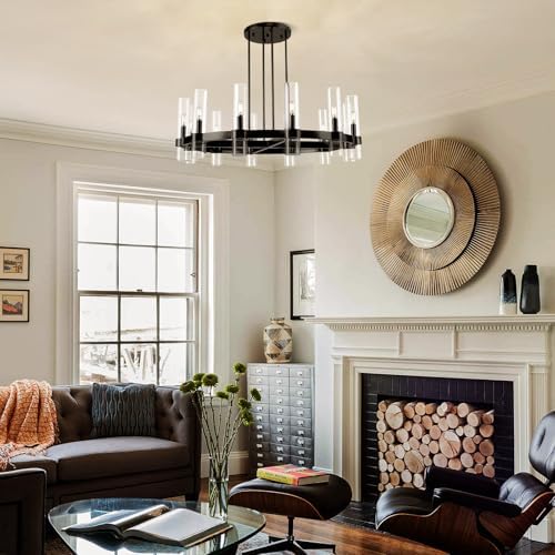 12 Light Black Round Chandelier 36'' Wagon Wheel Chandeliers for Dining Room Light Fixture Clear Glass Tube Chandelier Modern Farmhouse Chandeliers for Living Room Bedroom, Bulb Included - Image 4