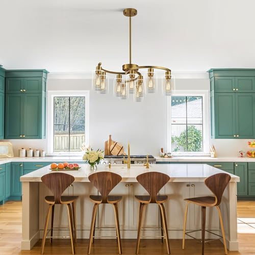 CNRATYE 9-Light Gold Glass Chandelier, Adjustable Height Dining Room Light Fixtures Over Table, Contemporary Hanging Chandelier for Kitchen Island Living Room Foyer Office, Clear Glass Shade - Image 3