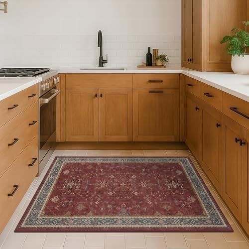 Washable 3x4 Rugs for Entryway - Burgundy Large Kitchen Rug, Non Slip Inside Door Mats for Home Entrance, Unique Bohemian Red Low Pile Thin Carpet for Bedroom Bedside, Foyer - Image 3