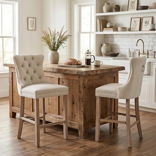 SoarFlash Modern Velvet Upholstered Bar Stools Set of 2 with Wood Legs, Button Tufted,Chrome Nailhead, Counterstool Seat, Armless Bar Chairs (Beige) by SoarFlash