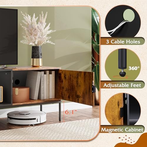 WLIVE 58" TV Stand for 65 Inch TVs, Mid Century Modern Entertainment Center with 2 Storage Cabinets & Open Shelf, Media Console Table with Metal Legs for Living Room, Bedroom, Rustic Brown - Image 4